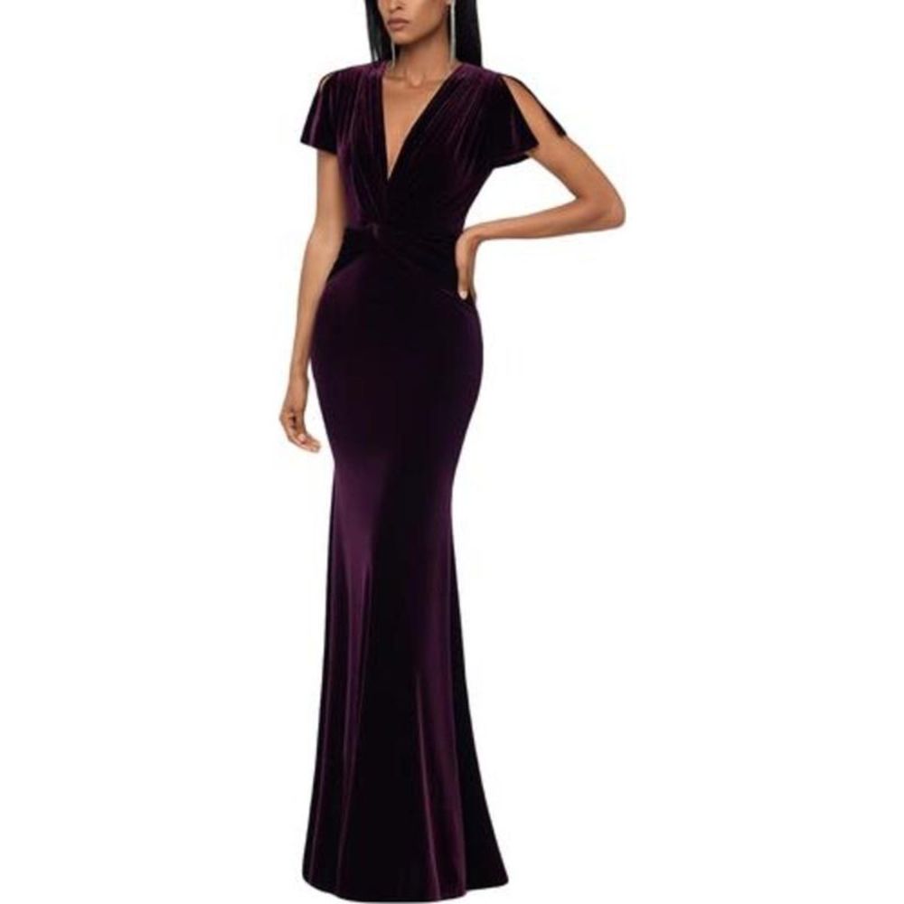 Xscape Deep Plum Velvet V-Neck Evening Gown